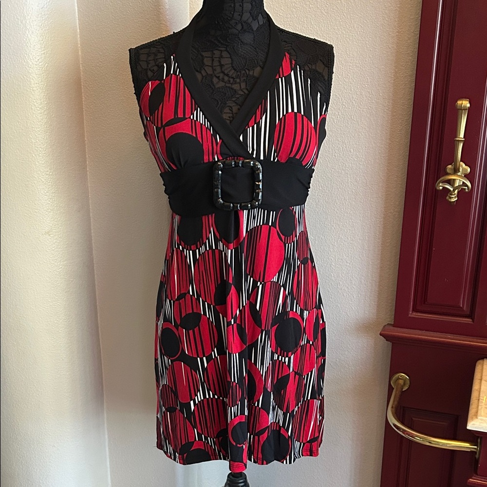 Red and Black Halter Dress with Belted Waist